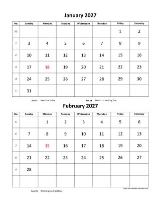 monthly 2027 calendar two months vertical