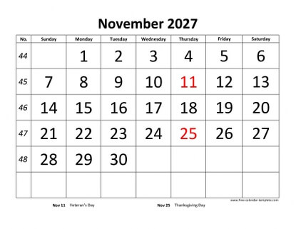 november 2027 calendar bigfont horizontal