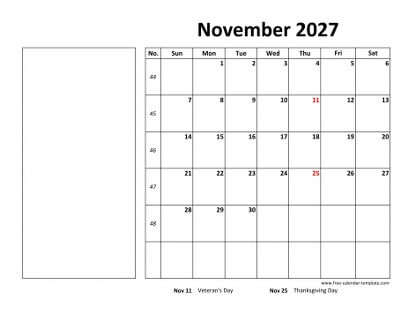 november 2027 calendar boxnotes horizontal