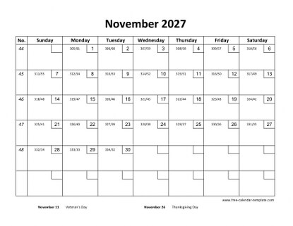 november 2027 calendar checkboxes horizontal