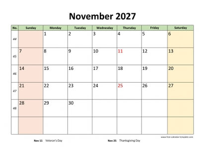 november 2027 calendar colored horizontal