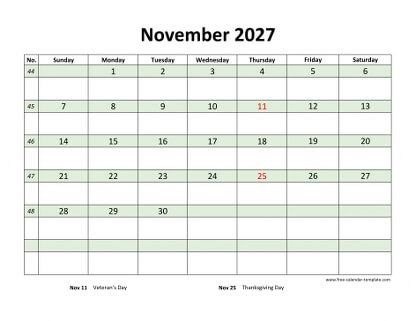november 2027 calendar daycolored horizontal