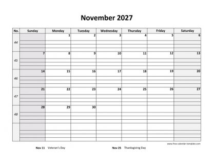 november 2027 calendar daygrid horizontal