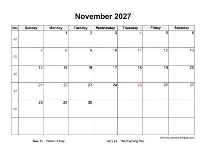 november 2027 calendar holidays horizontal