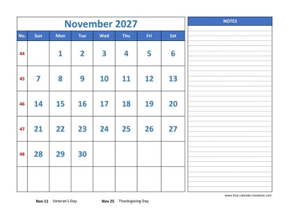 november 2027 calendar largenotes horizontal
