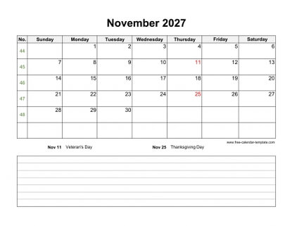 november 2027 calendar notes horizontal