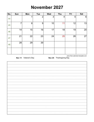 november 2027 calendar notes vertical