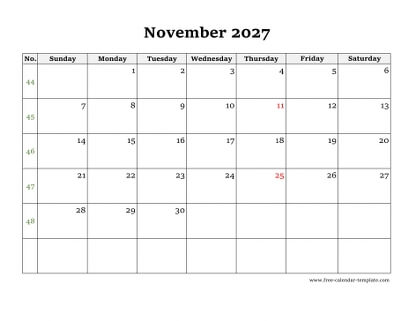 november 2027 calendar simple horizontal
