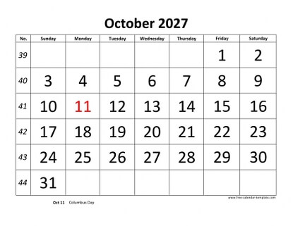 october 2027 calendar bigfont horizontal