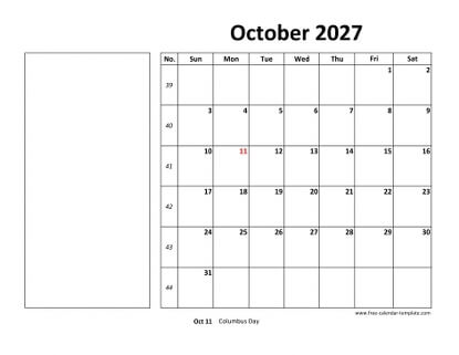 october 2027 calendar boxnotes horizontal