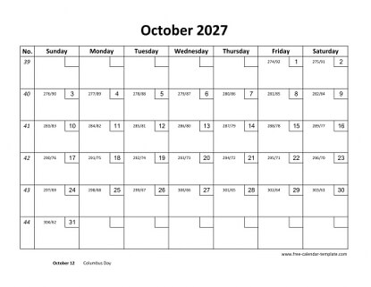 october 2027 calendar checkboxes horizontal