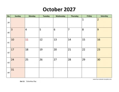 october 2027 calendar colored horizontal