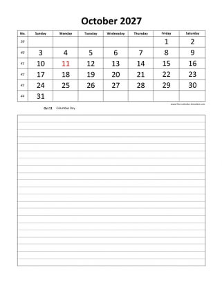 october 2027 calendar daily notes vertical