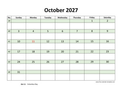 october 2027 calendar daycolored horizontal