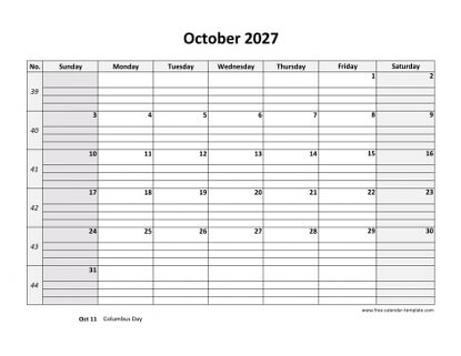 october 2027 calendar daygrid horizontal
