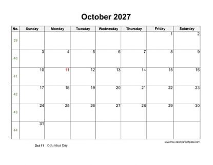 october 2027 calendar holidays horizontal