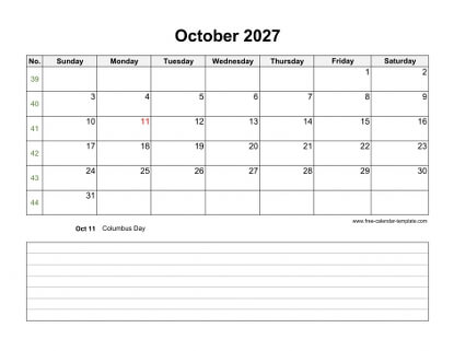 october 2027 calendar notes horizontal
