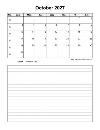 october 2027 calendar notes vertical