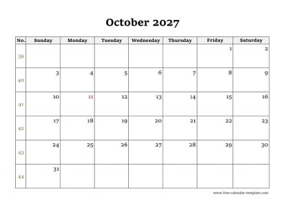 october 2027 calendar simple horizontal