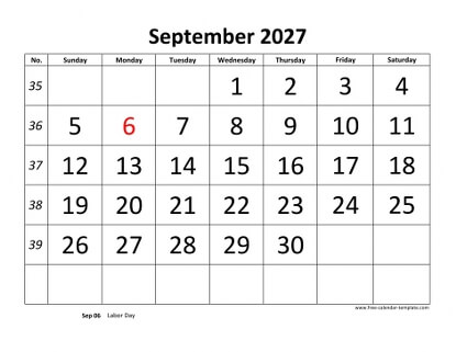 september 2027 calendar bigfont horizontal