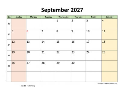 september 2027 calendar colored horizontal