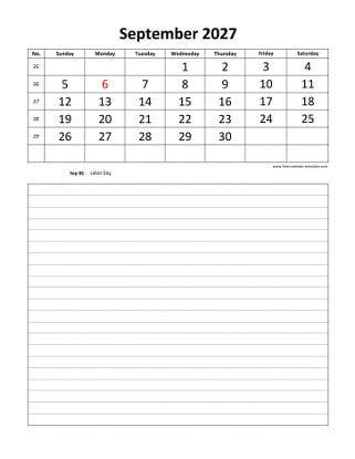 september 2027 calendar daily notes vertical