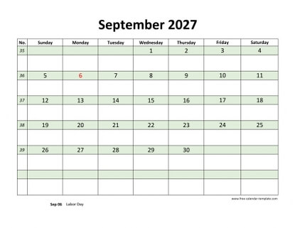 september 2027 calendar daycolored horizontal