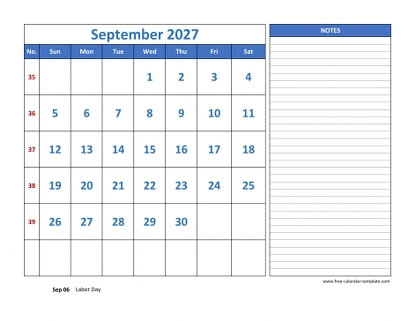 september 2027 calendar largenotes horizontal