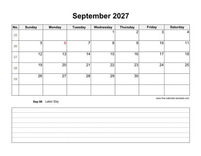 september 2027 calendar notes horizontal