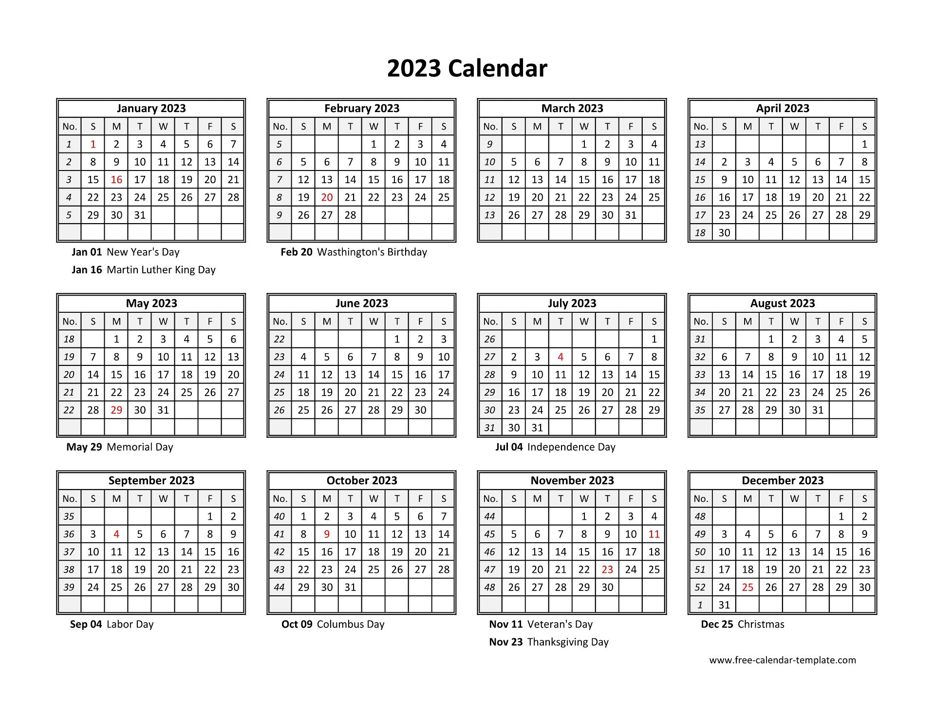 Printable Yearly Calendar 2023 | Free-calendar-template.com