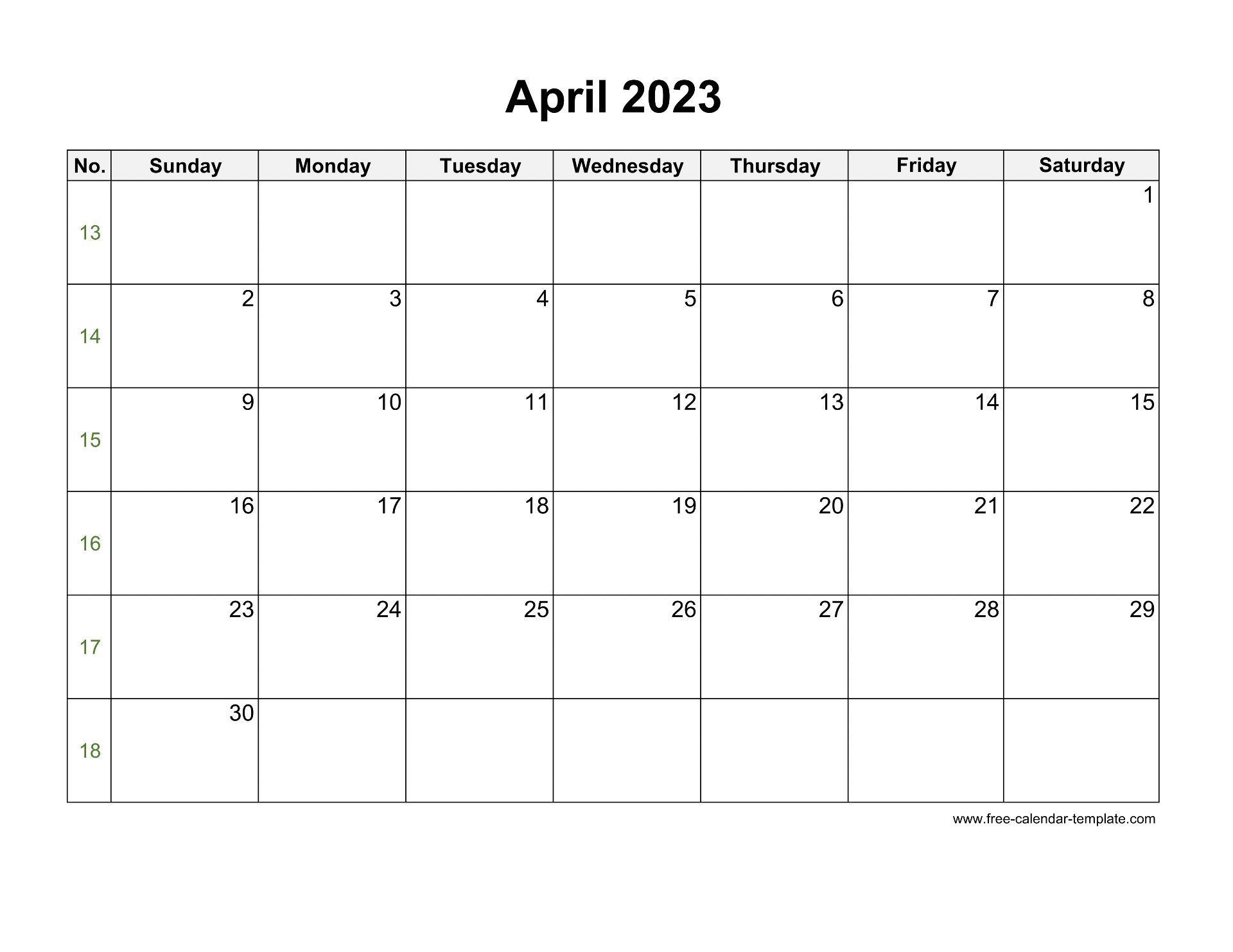 Free 2023 Calendar Blank April Template (horizontal) | Free-calendar ...