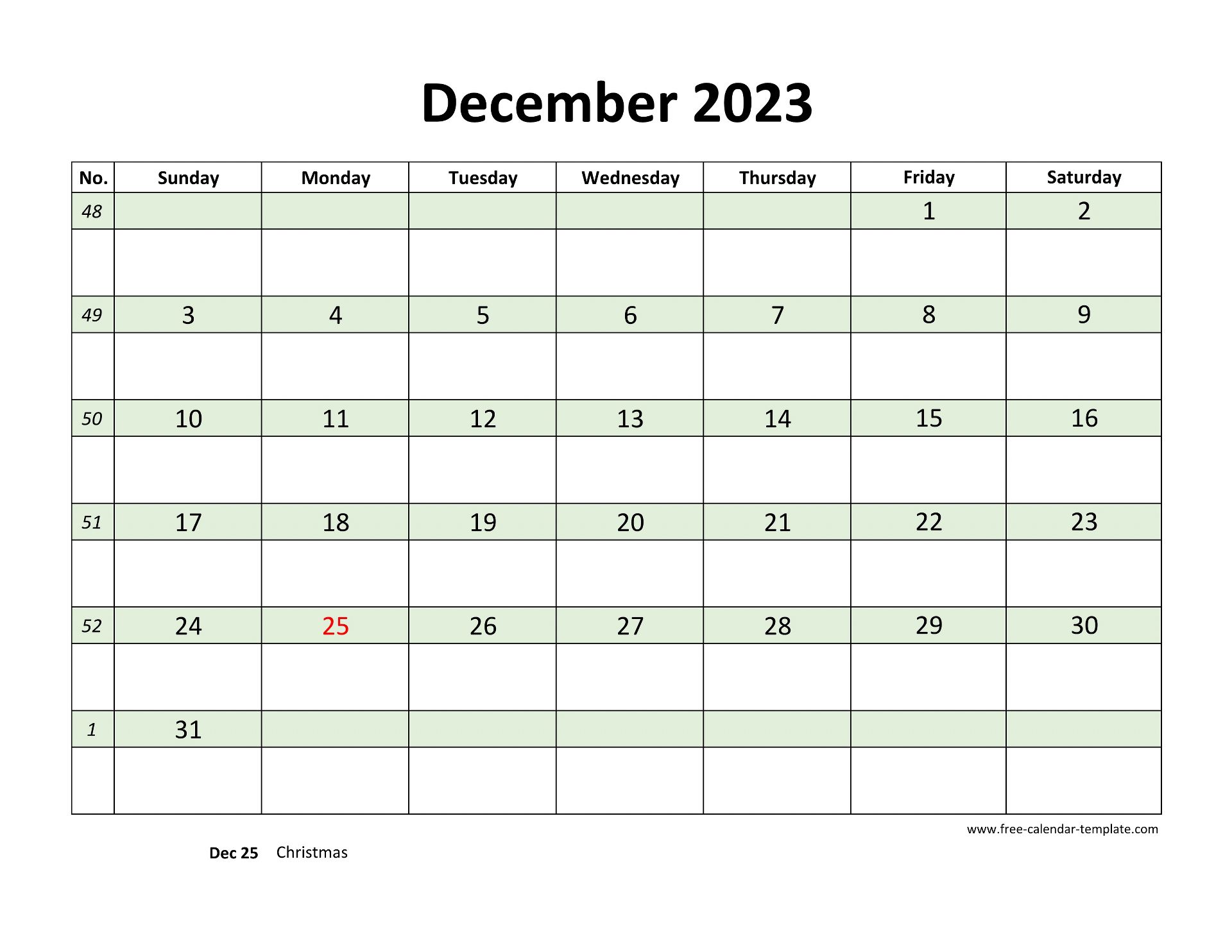 Free December 2023 Calendar Coloring On Each Day Horizontal Free