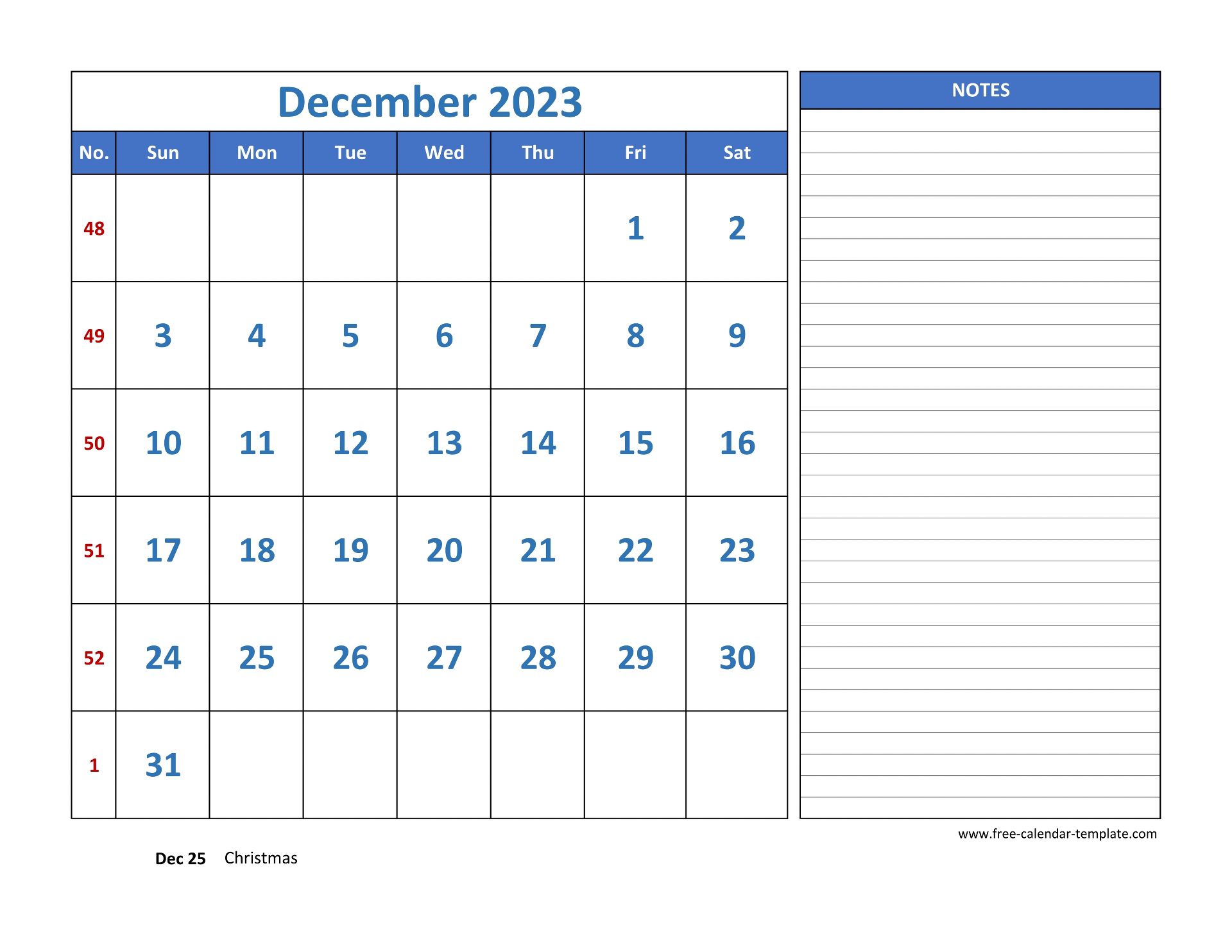 December 2023 Free Calendar Tempplate