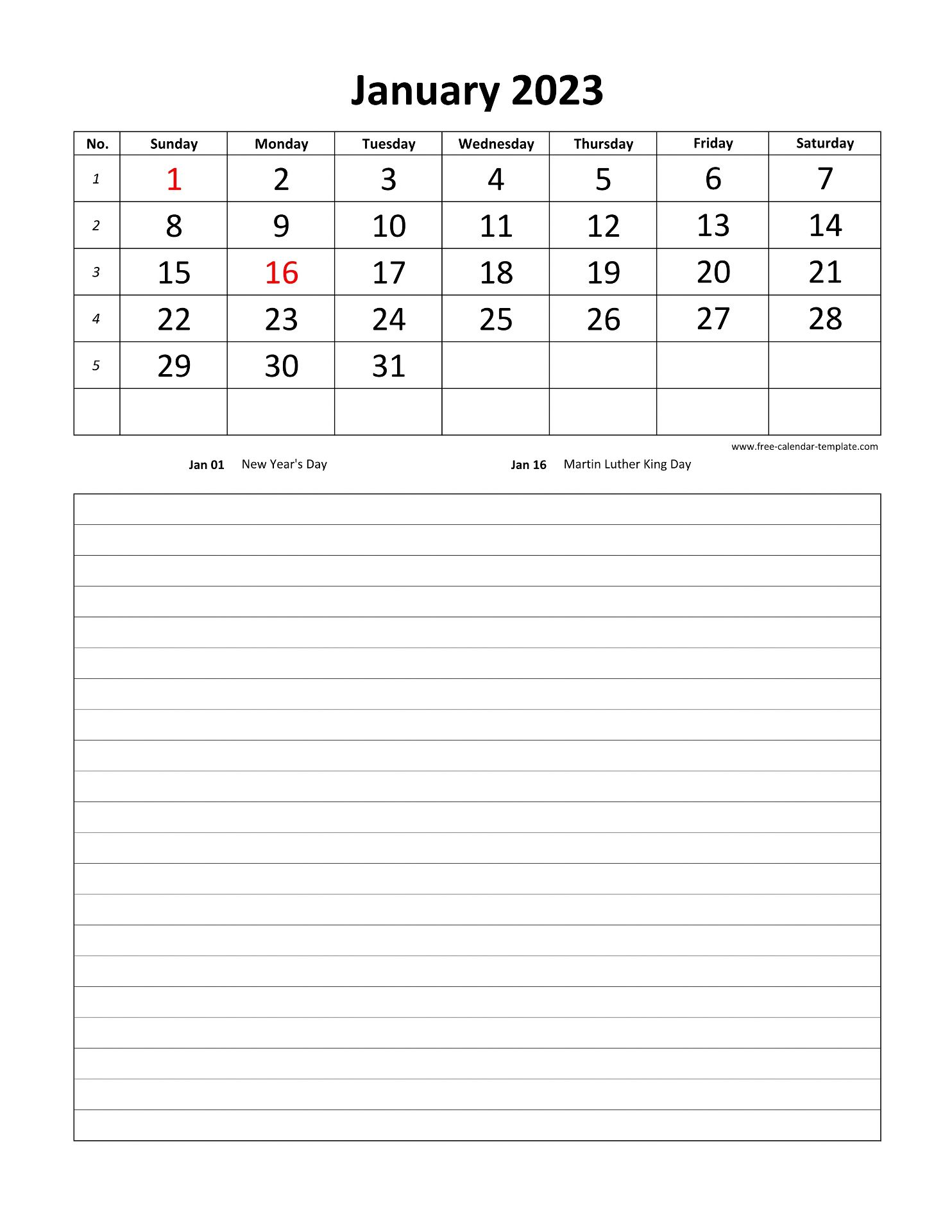 Printable 2023 January Calendar Grid Lines For Daily Notes Vertical