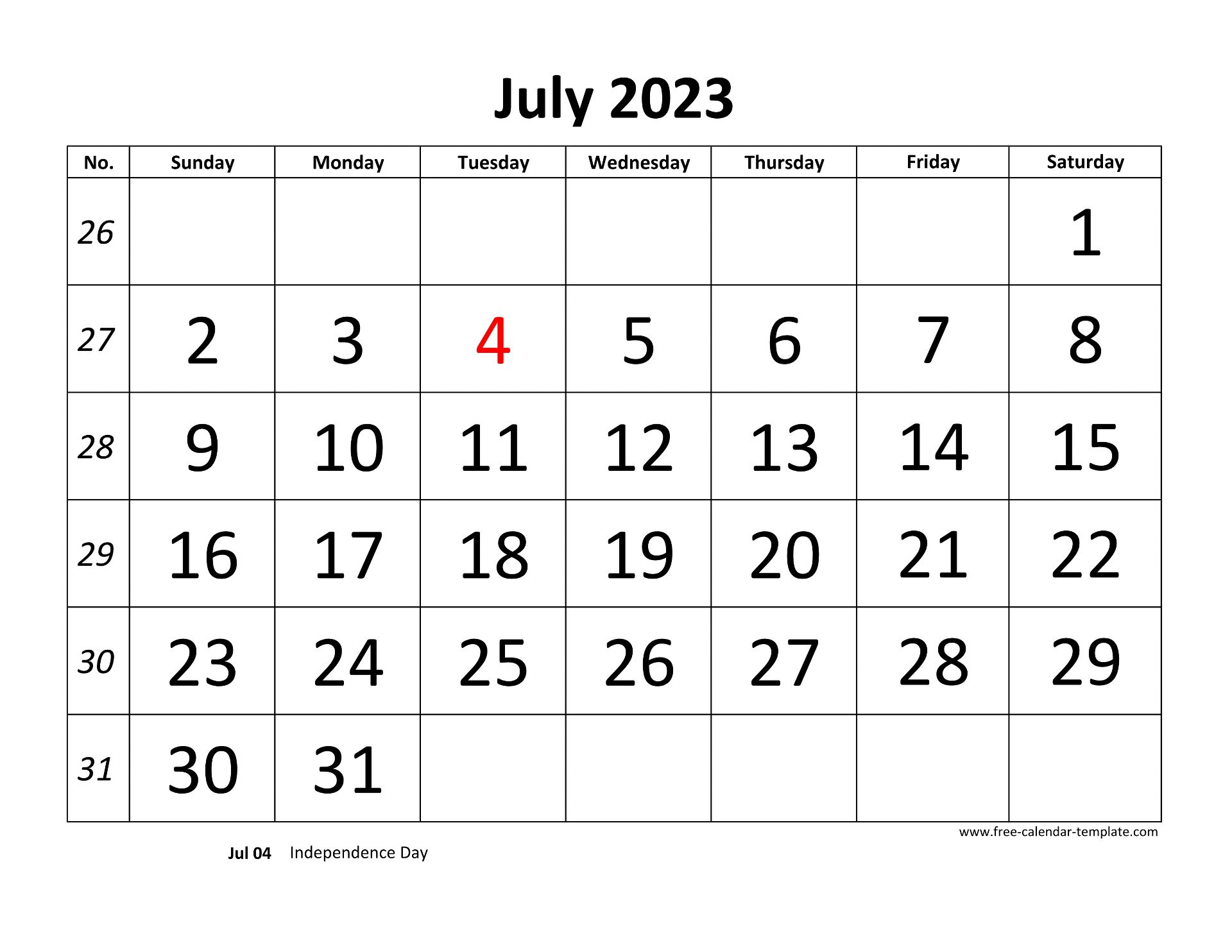 July 2023 Calendar designed with large font (horizontal) | Free ...