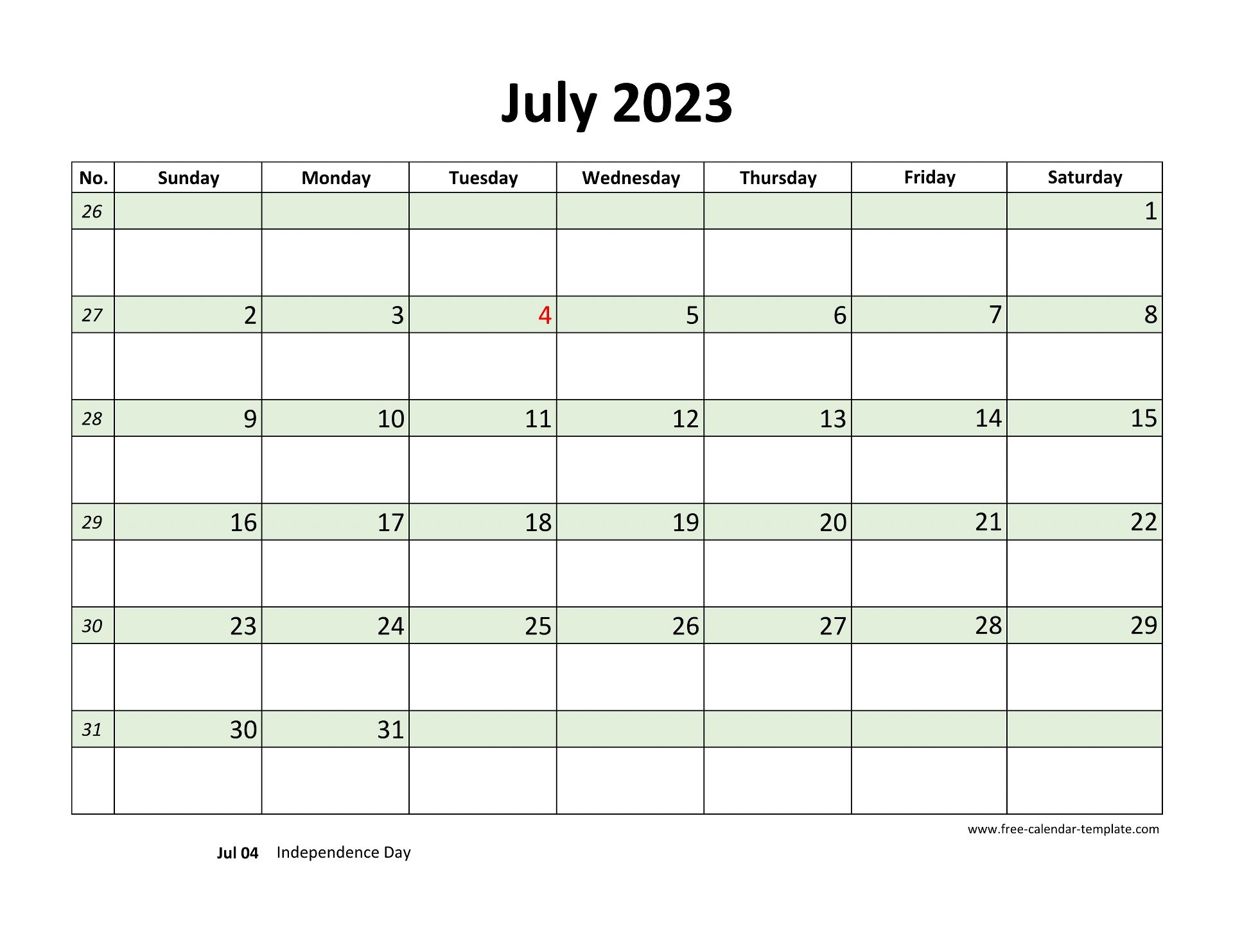Free July 2023 Calendar, coloring on each day (horizontal) | Free