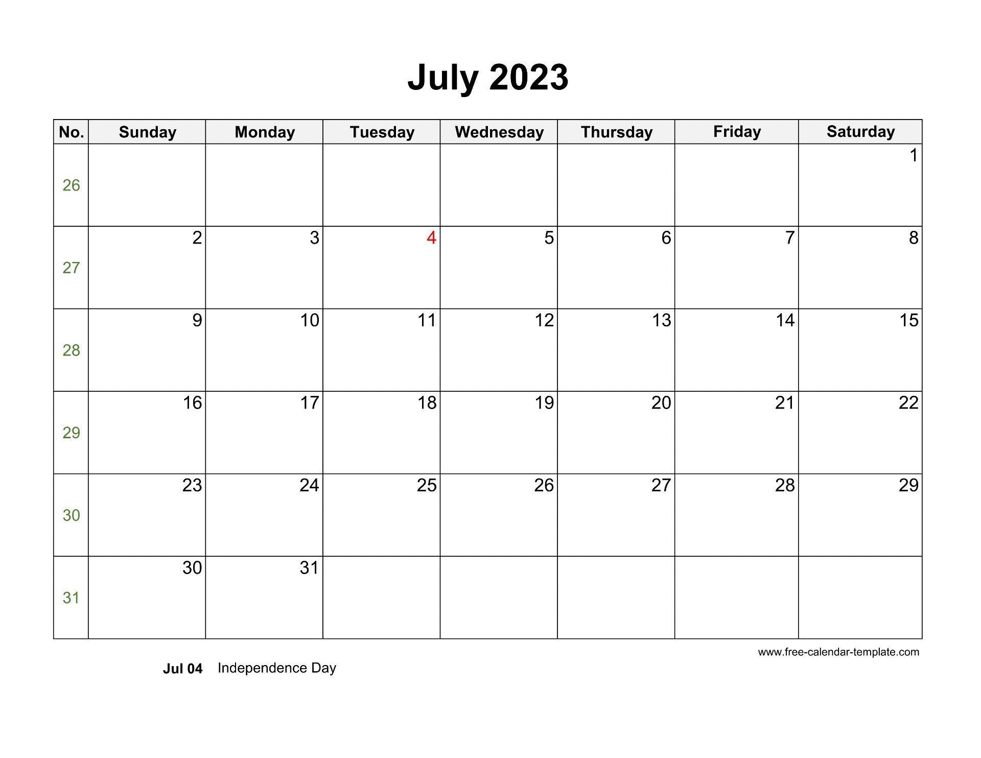 Free 2023 Calendar Blank July Template (horizontal) | Free-calendar ...