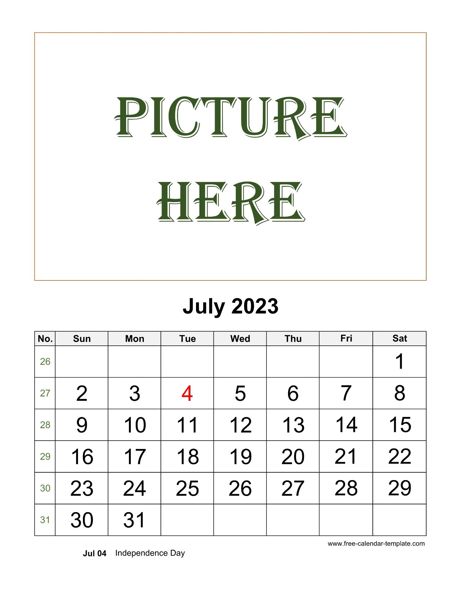 July Printable 2023 Calendar, space for add picture (vertical) | Free ...