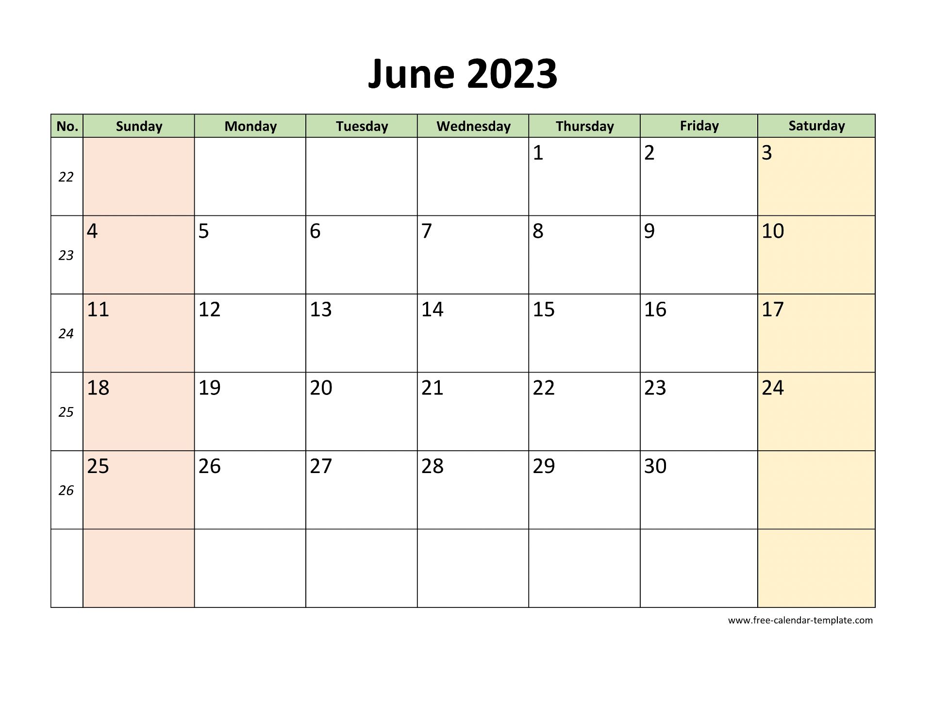 June 2023 Calendar Printable with coloring on weekend (horizontal