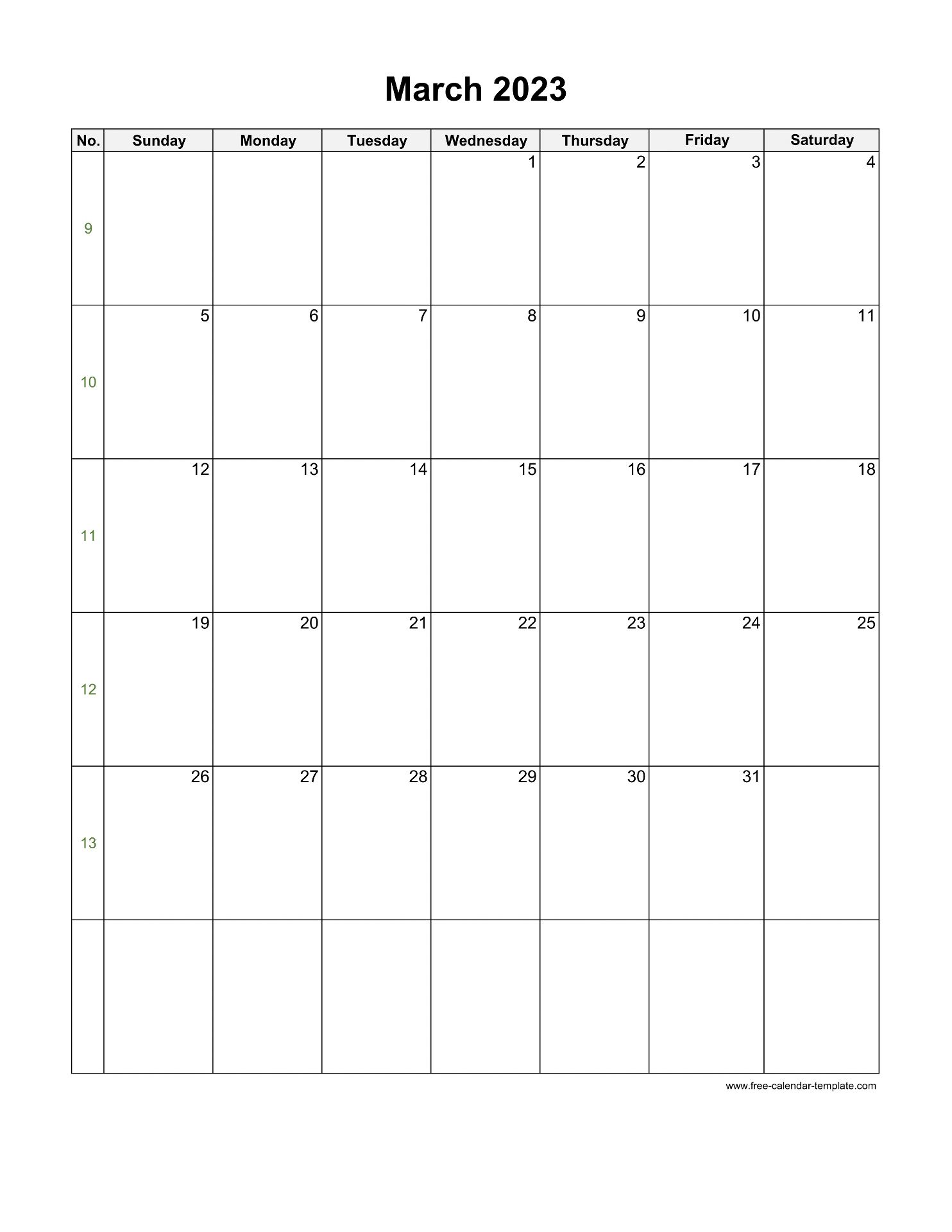 2023 March Calendar Blank Vertical Template Free Calendar