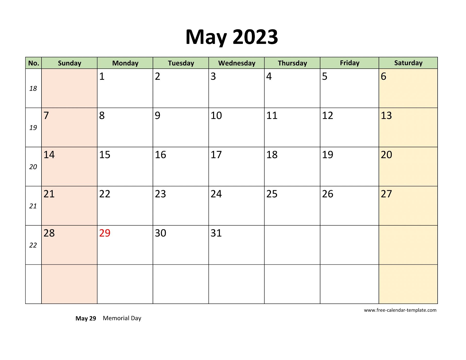 May 2023 Calendar Printable with coloring on weekend (horizontal