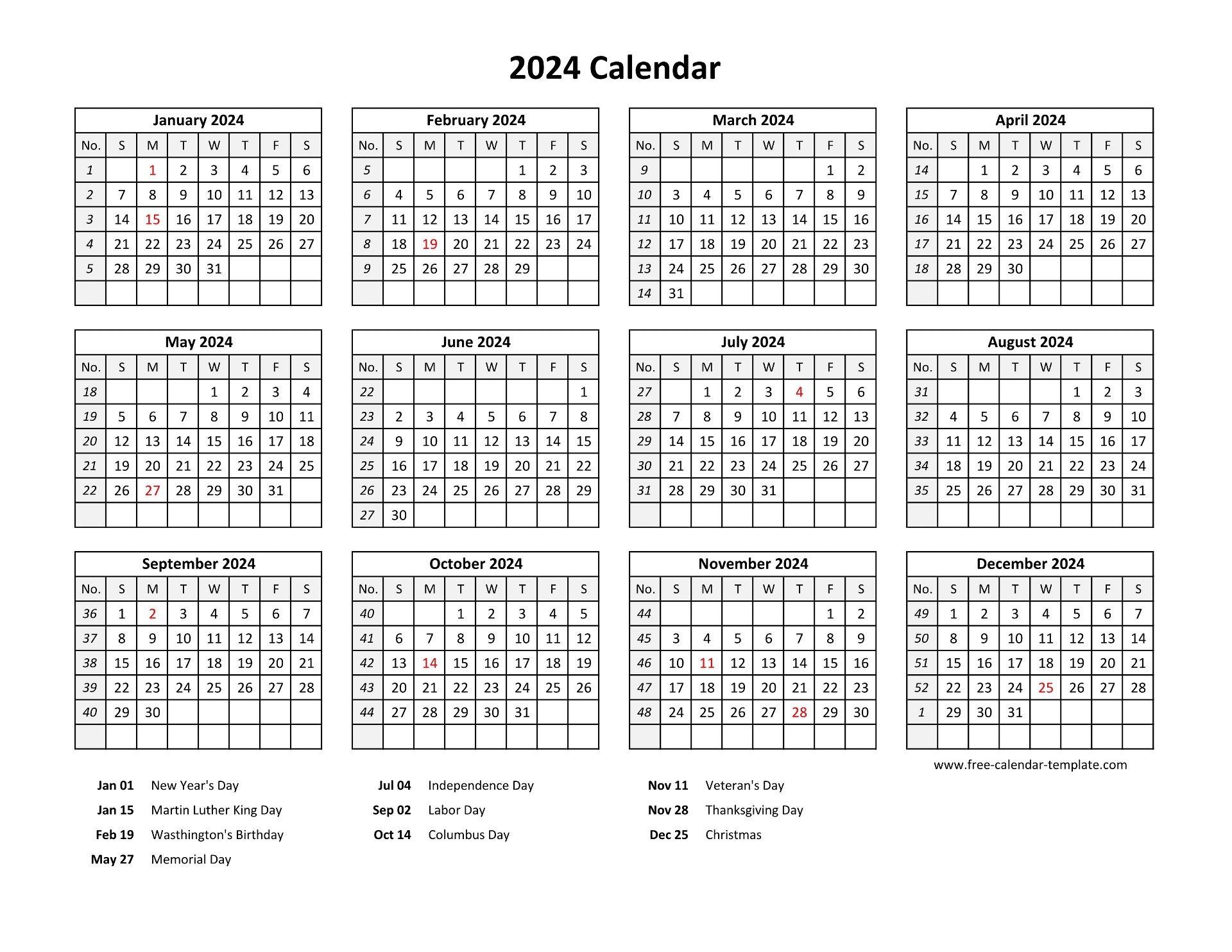 Printable yearly calendar 2024 with US holidays Freecalendar