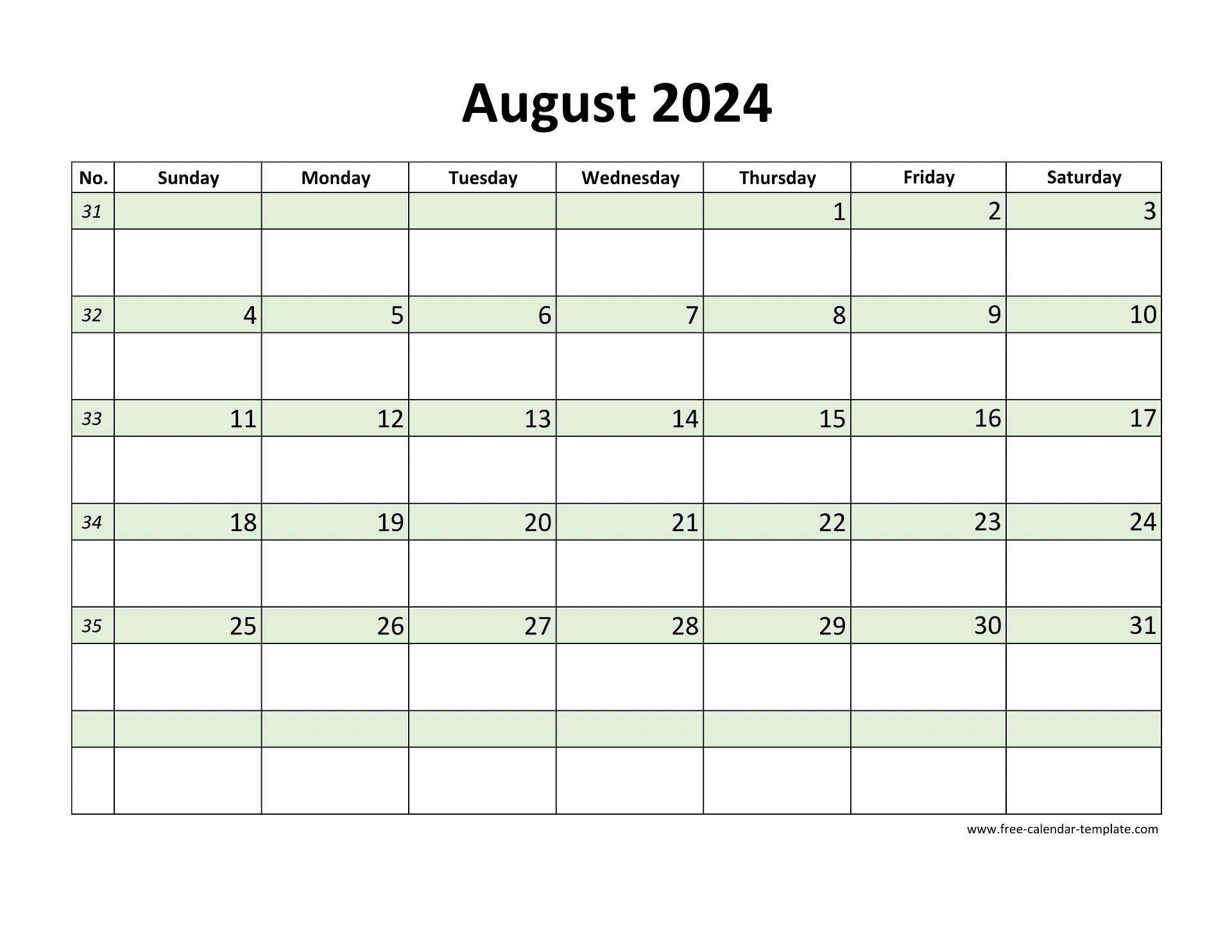 August 2024 Free Calendar Tempplate