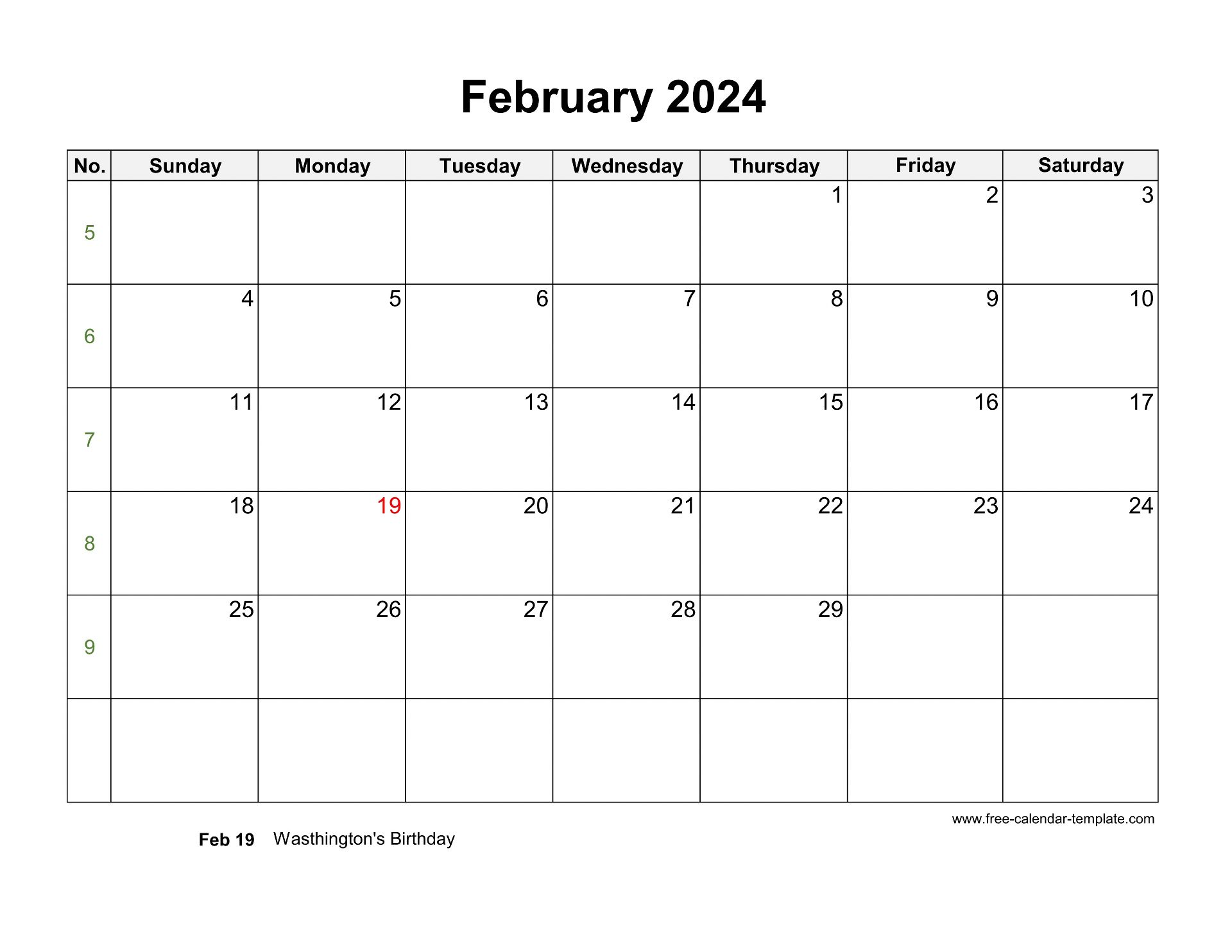 Free 2024 Calendar Blank February Template (horizontal) | Free-calendar ...