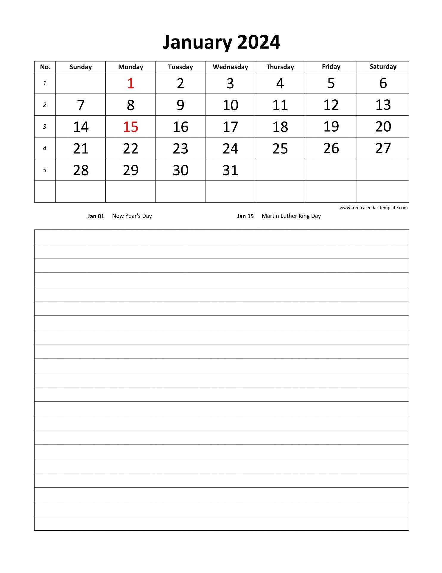 January 2024 Free Calendar Tempplate
