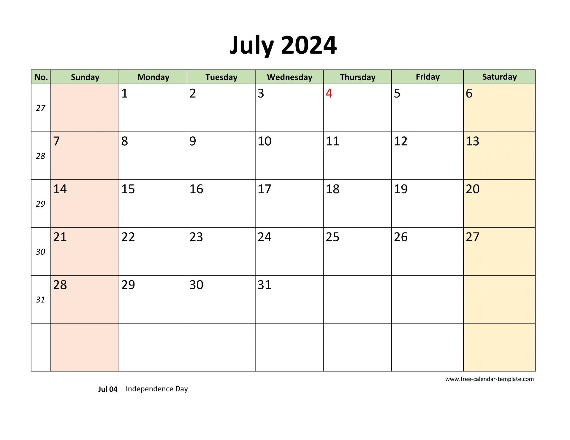 July 2024 Calendar Printable with coloring on weekend (horizontal