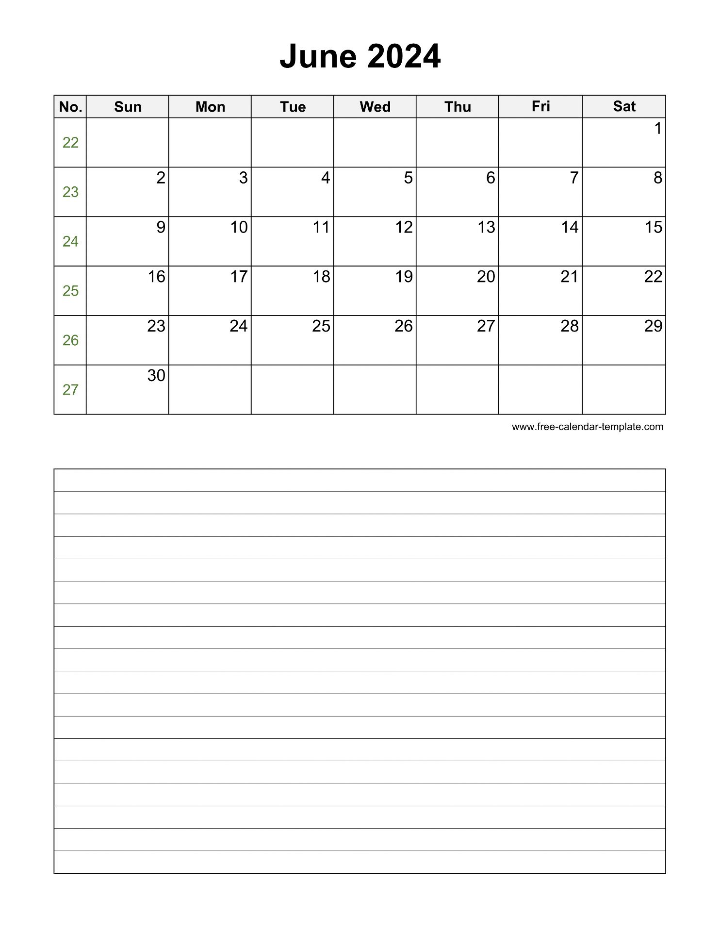 Printable June 2024 Calendar with space for appointments (vertical